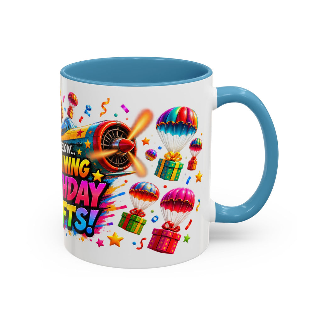 Birthday Gifts Coffee Mug — "It's Raining Birthday Gifts!" Colorful Accent Mug