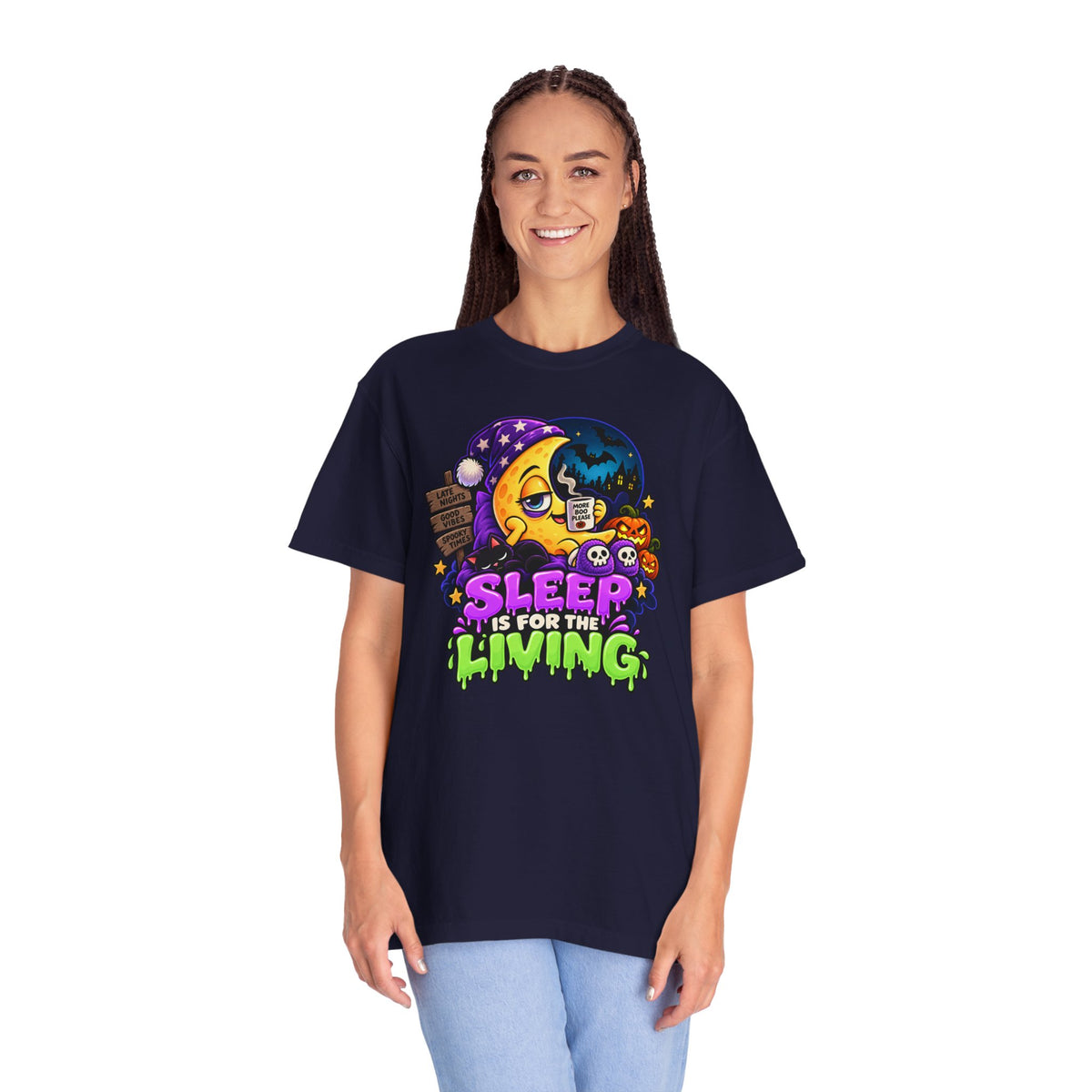 Sleep Is for the Living – Funny Halloween Moon T-Shirt