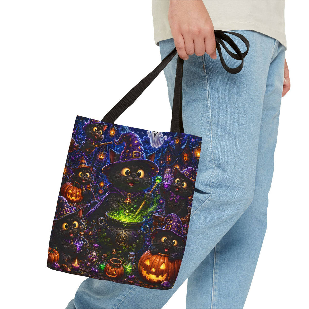 Halloween Black Cat Witches Tote Bag — Cute 3D Cats, Cauldron & Pumpkins Design