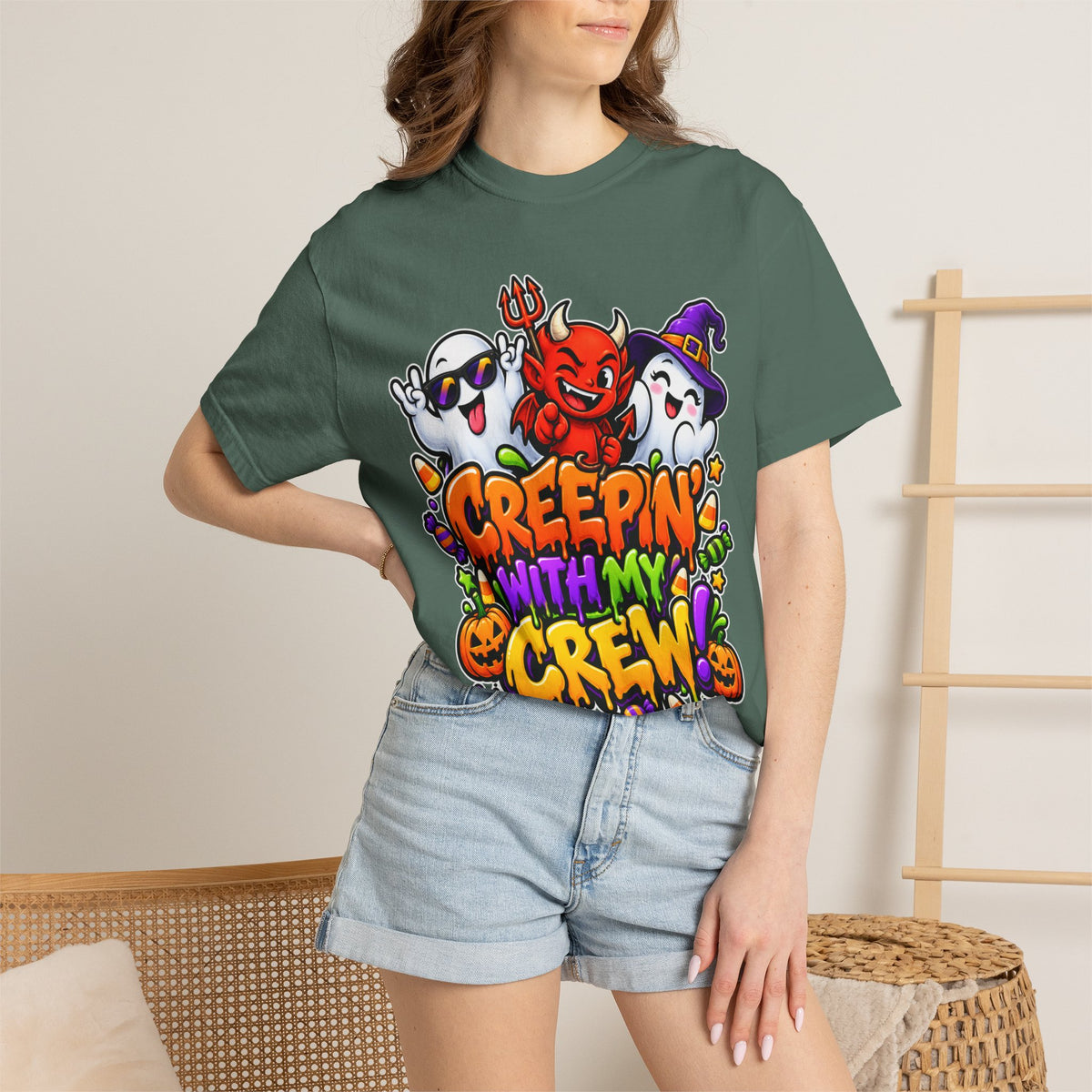 Creepin’ With My Crew Halloween T-Shirt – Colorful Funny Ghost & Devil Graphic Tee