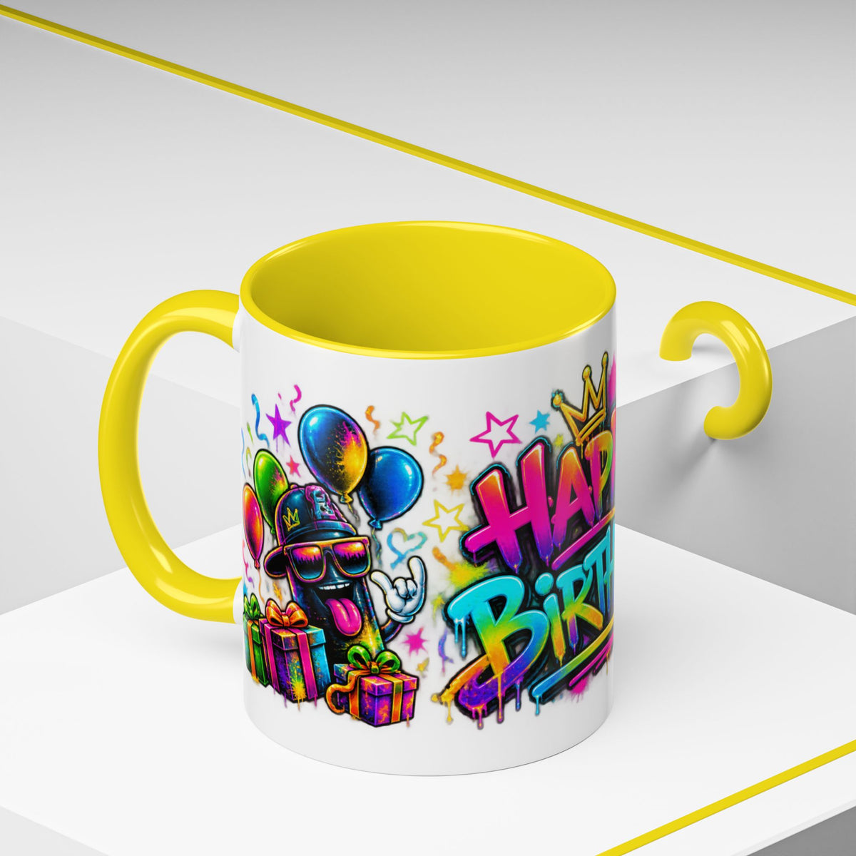 Happy Birthday Accent Coffee Mug – Colorful Graffiti Cake & Balloons (11/15oz)
