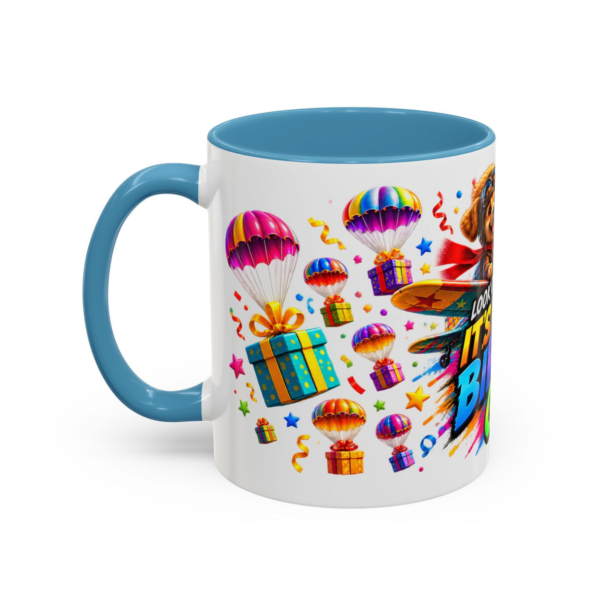 Birthday Gifts Coffee Mug — "It's Raining Birthday Gifts!" Colorful Accent Mug