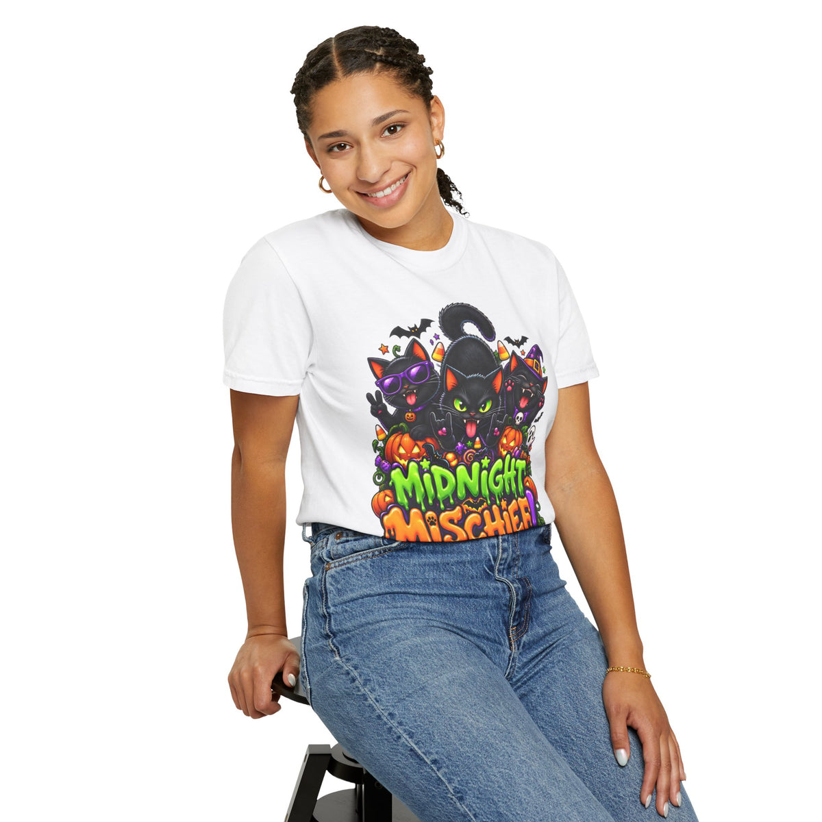 Midnight Mischief Halloween T-Shirt – Funny Black Cat Graphic Tee