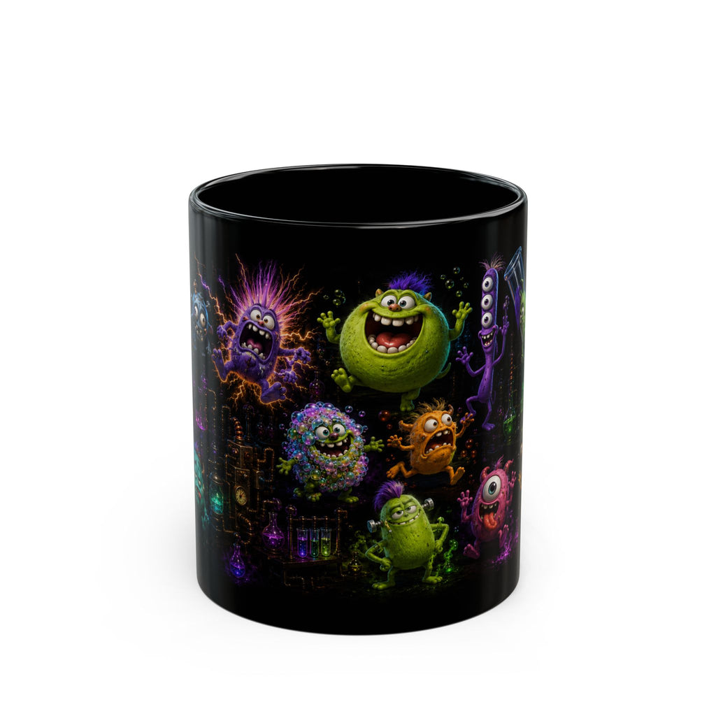 Monster Lab Black Mug — Colorful Cute Monsters Wraparound Cup (11oz/15oz)