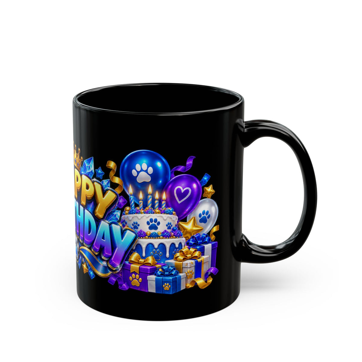 White Wolf Happy Birthday Mug – Blue Purple & Gold Birthday Design – FestoraShop Black Coffee Mug