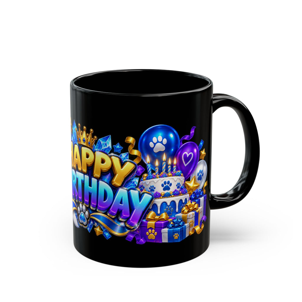 White Wolf Happy Birthday Mug – Blue Purple & Gold Birthday Design – FestoraShop Black Coffee Mug