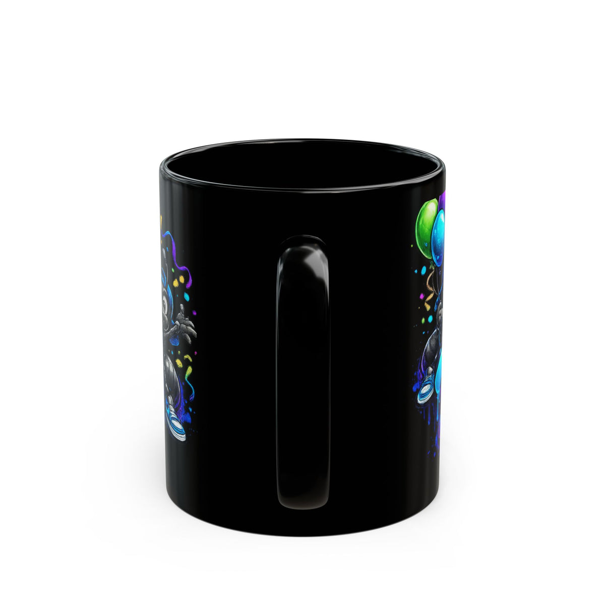 Happy Birthday Black Mug — Colorful Graffiti Cake & Cartoon Character Birthday Coffee Cup (11oz/15oz)
