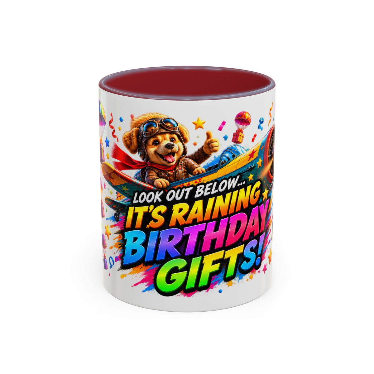 Birthday Gifts Coffee Mug — "It's Raining Birthday Gifts!" Colorful Accent Mug
