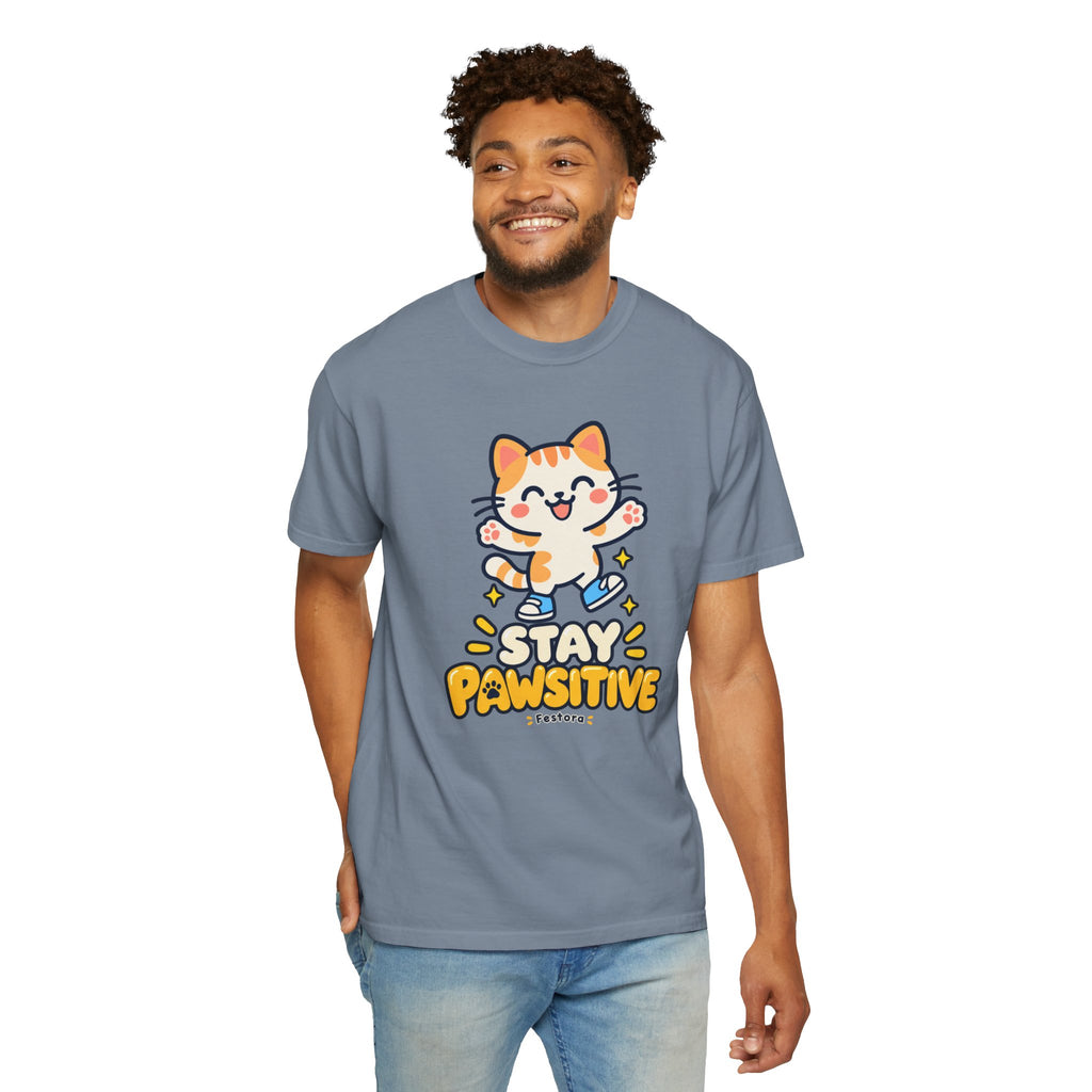 Stay Pawsitive – Cute Happy Cat Graphic T-Shirt