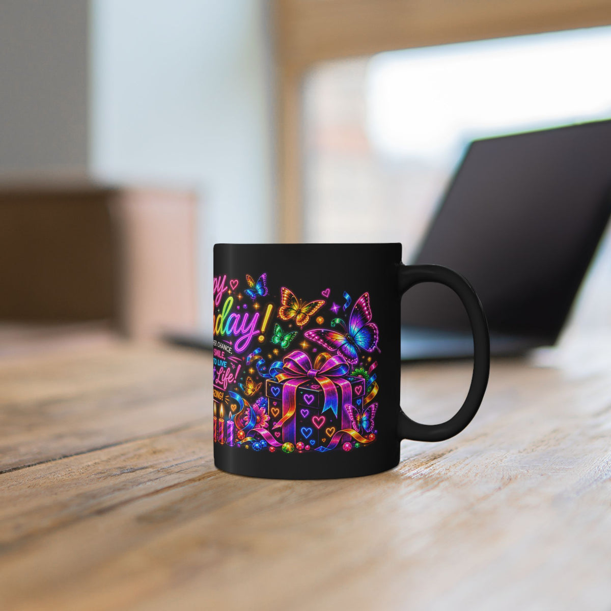 Birthday Black Mug – "Happy Birthday" Neon Gift Mug with Colorful Butterflies & Present