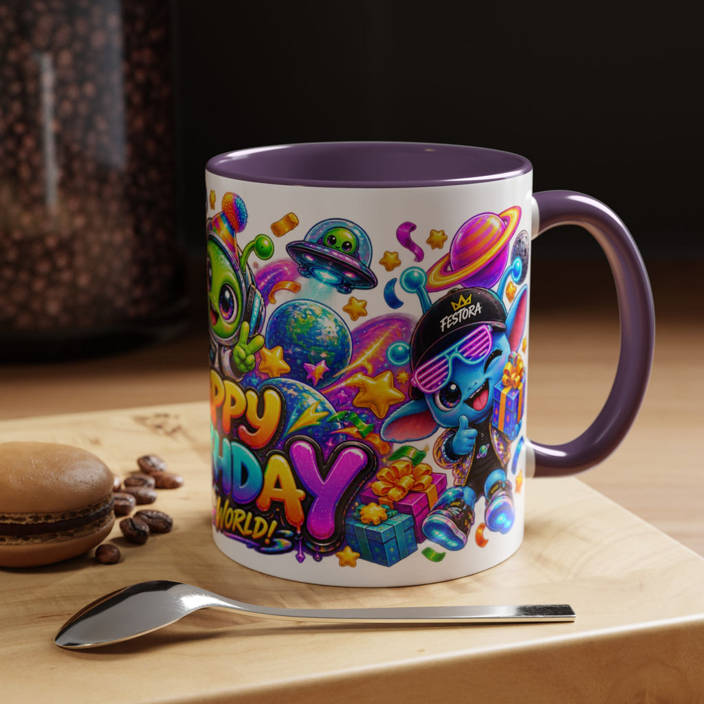 Happy Birthday Out of This World Accent Mug — Cute Alien Space Birthday Coffee Cup (11oz)