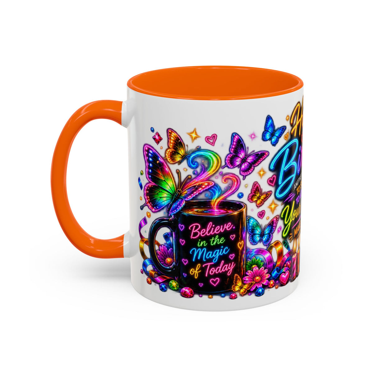 Birthday Coffee Mug – Colorful "Happy Birthday" Gift Mug with Butterflies & Candles