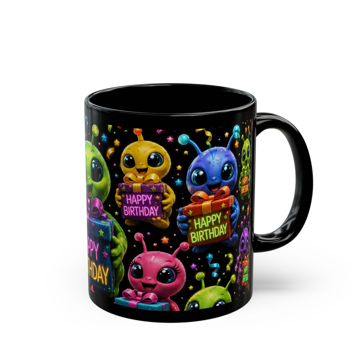 Happy Birthday Alien Mug — Cute Colorful Black Birthday Coffee Cup