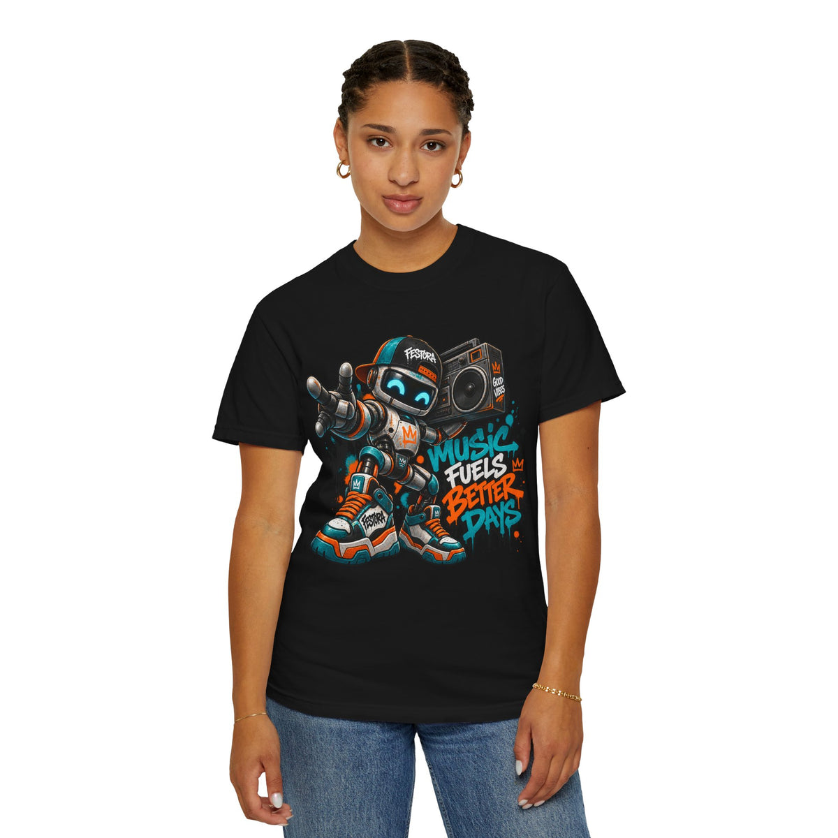Music Fuels Better Days T-Shirt — Retro Robot Boombox Streetwear