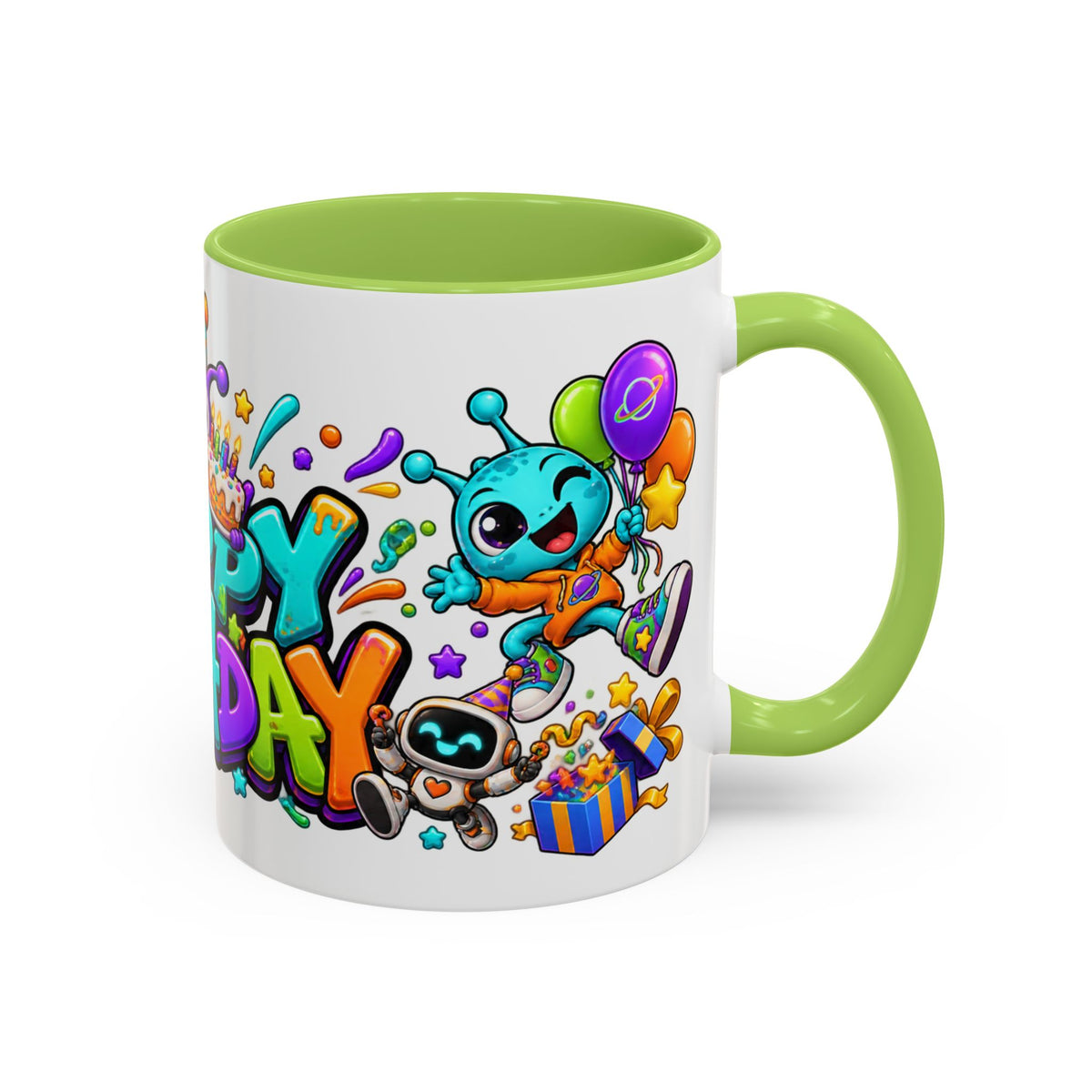 Happy Birthday Alien Mug – Colorful Space Party Cup with Cute Aliens & Robots