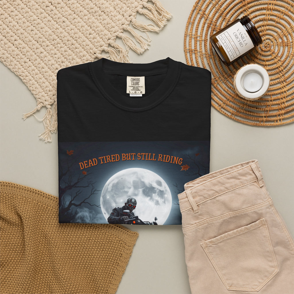Halloween Motorcycle T-Shirt – 'Dead Tastes But Still Riding' Rider Skull Tee