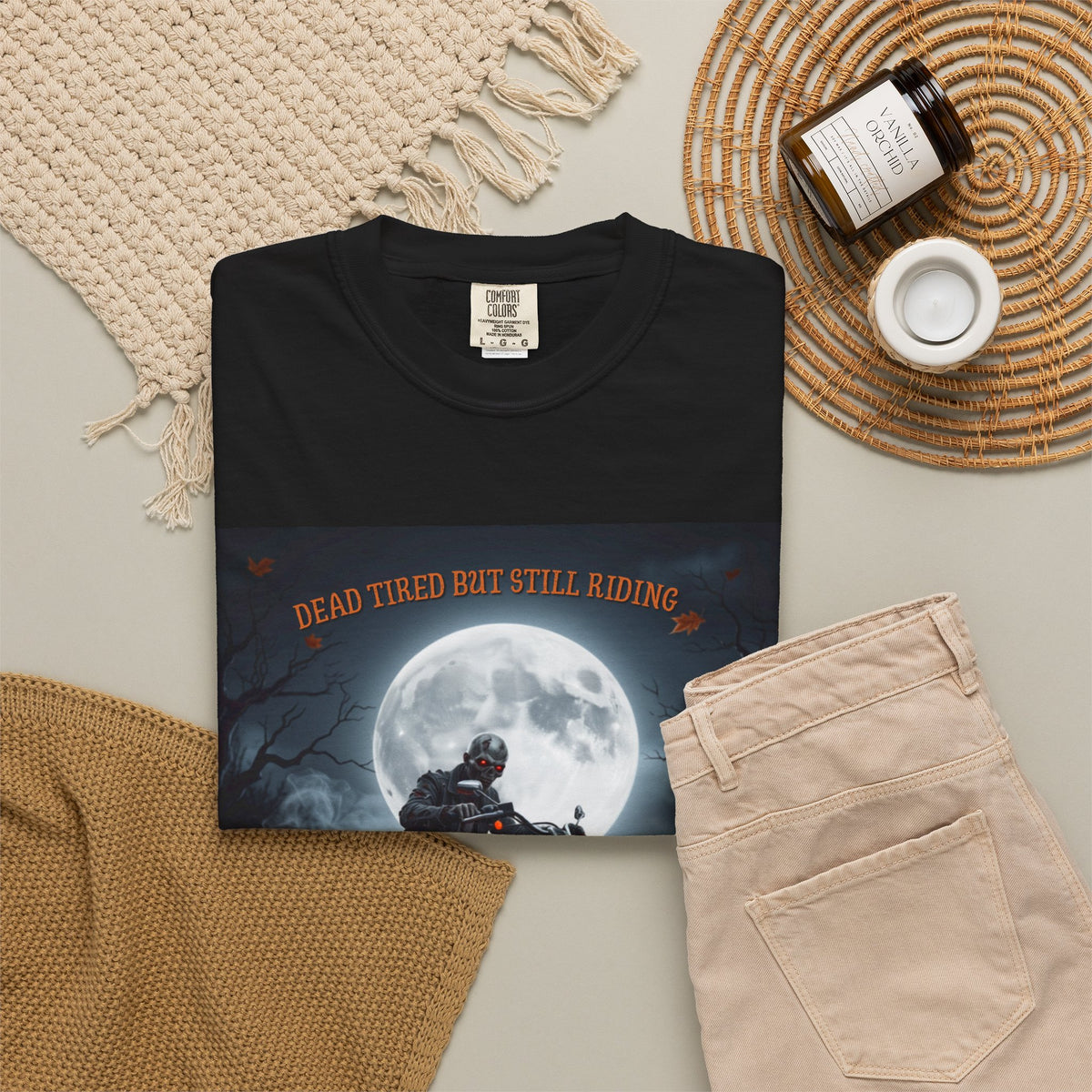 Halloween Motorcycle T-Shirt – 'Dead Tastes But Still Riding' Rider Skull Tee
