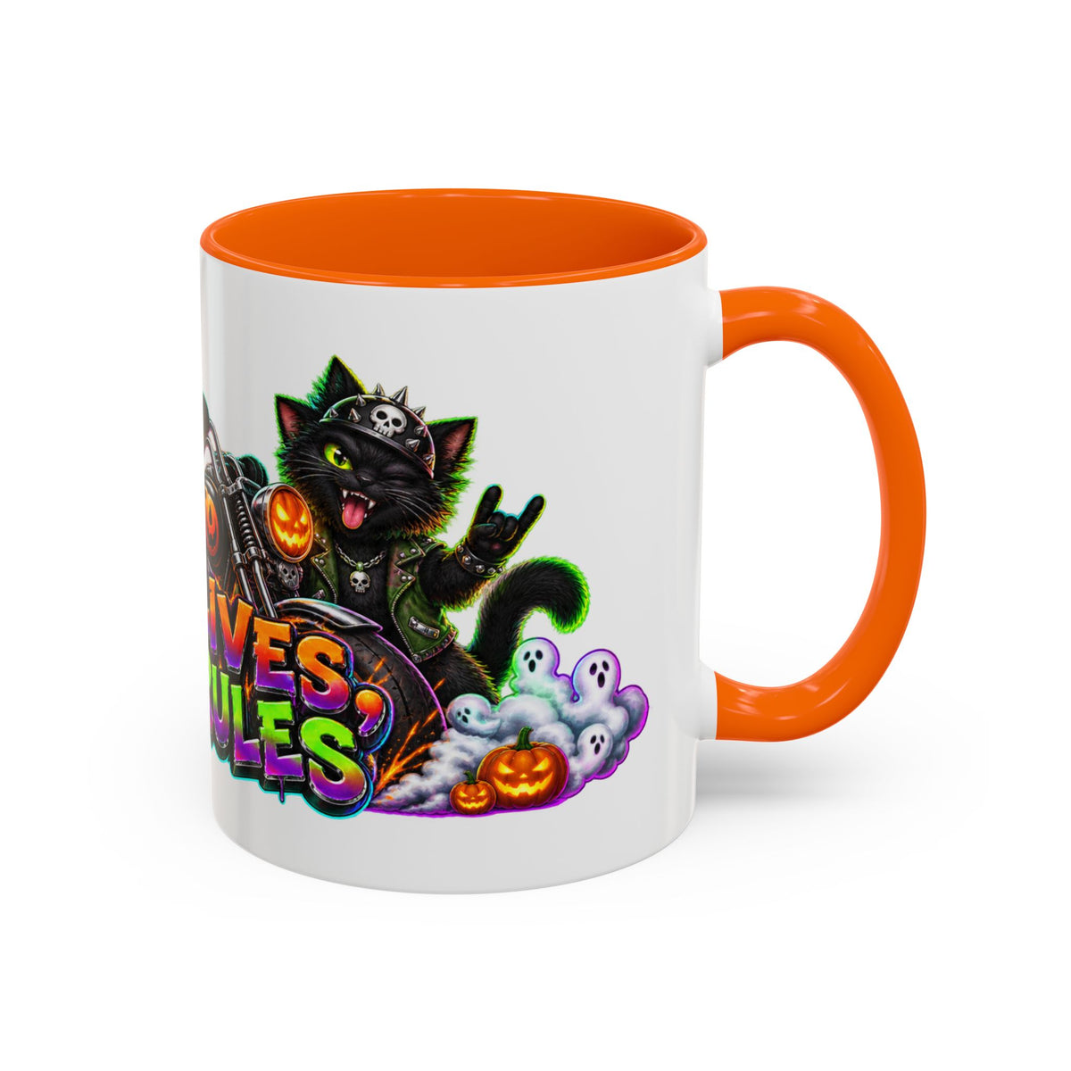 Nine Lives Zero Rules Biker Cats Halloween White Mug