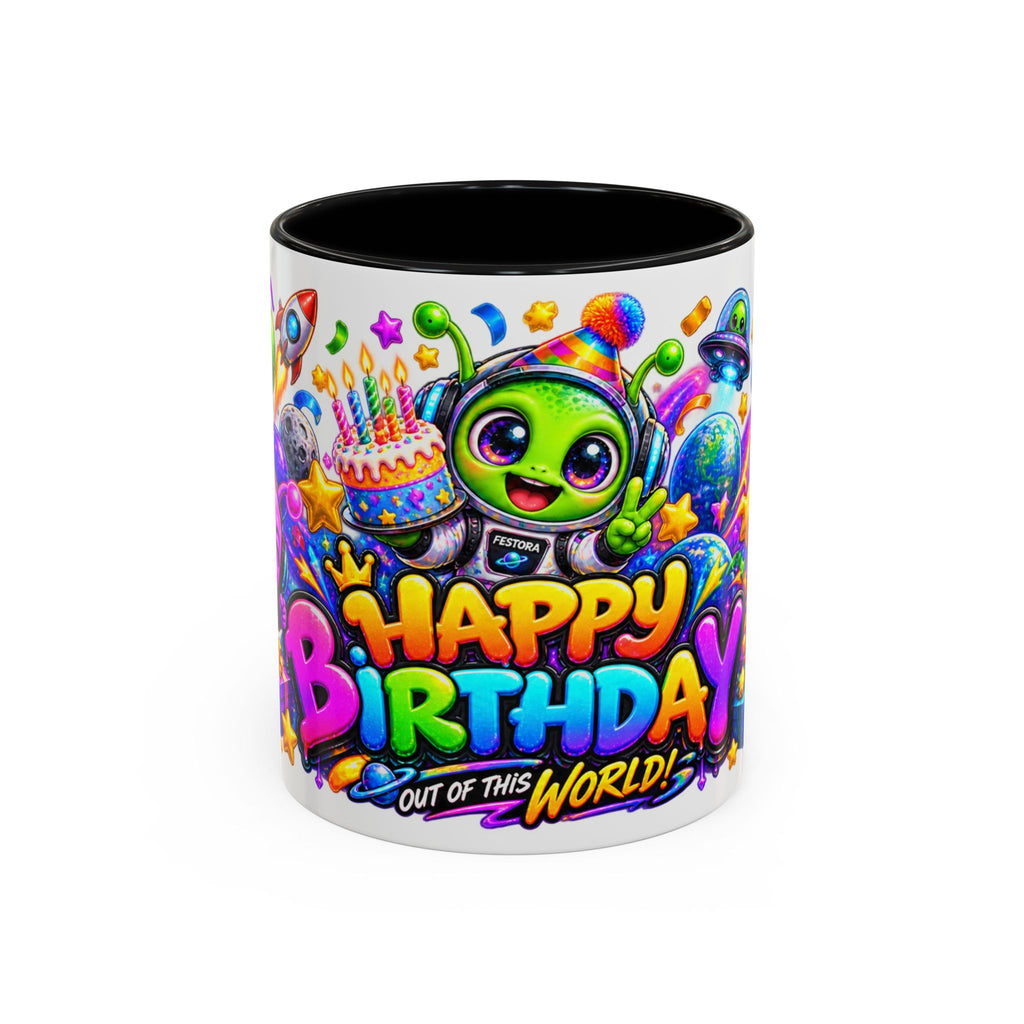 Happy Birthday Out of This World Accent Mug — Cute Alien Space Birthday Coffee Cup (11oz)