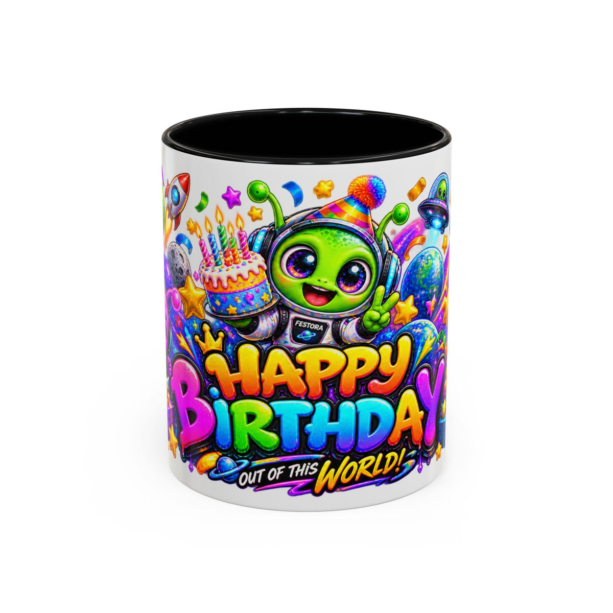 Happy Birthday Out of This World Accent Mug — Cute Alien Space Birthday Coffee Cup (11oz)