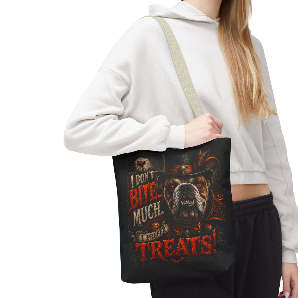 Halloween Bulldog Tote Bag - "I Don't Bite Much, I Prefer Treats!" Candy Bag