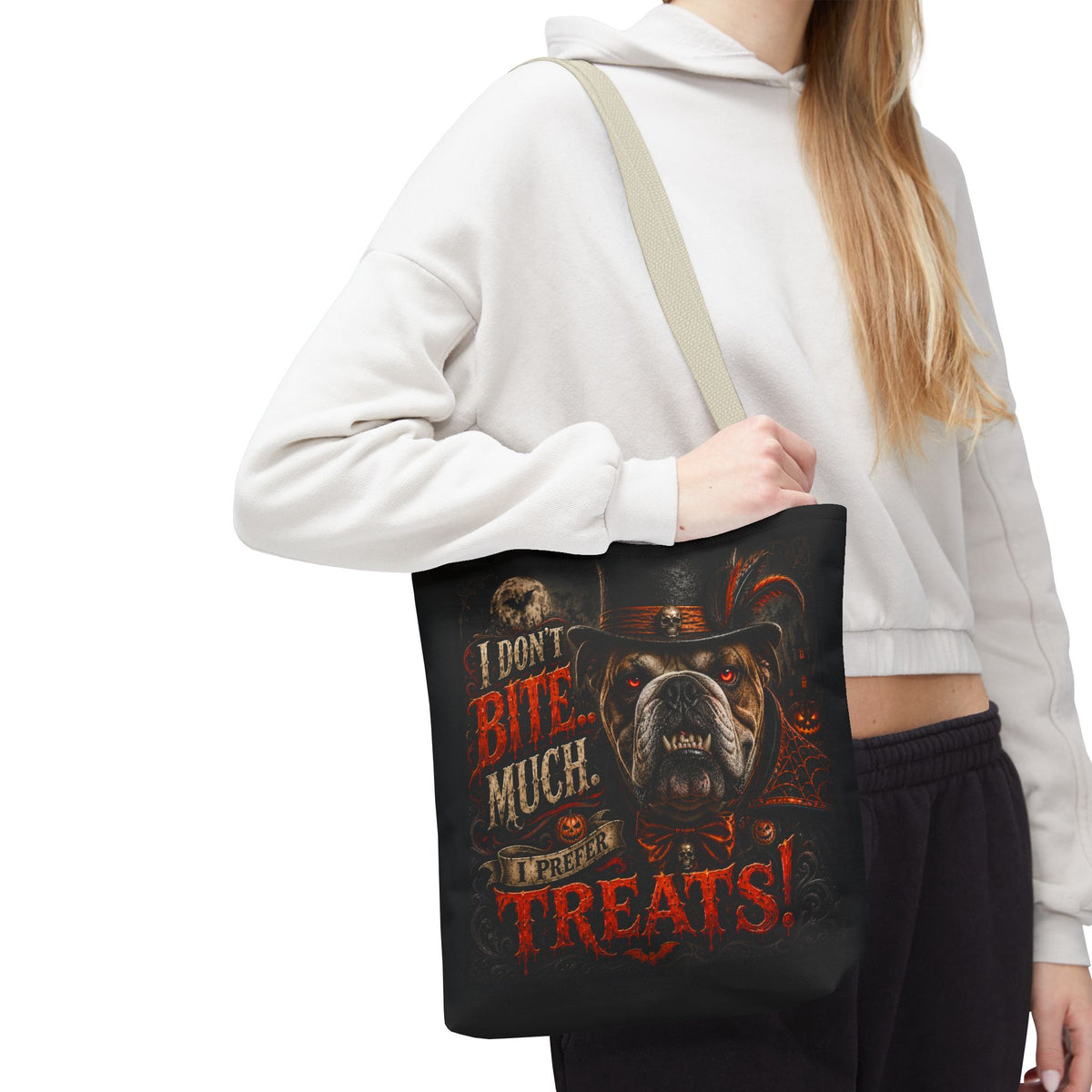 Halloween Bulldog Tote Bag - "I Don't Bite Much, I Prefer Treats!" Candy Bag