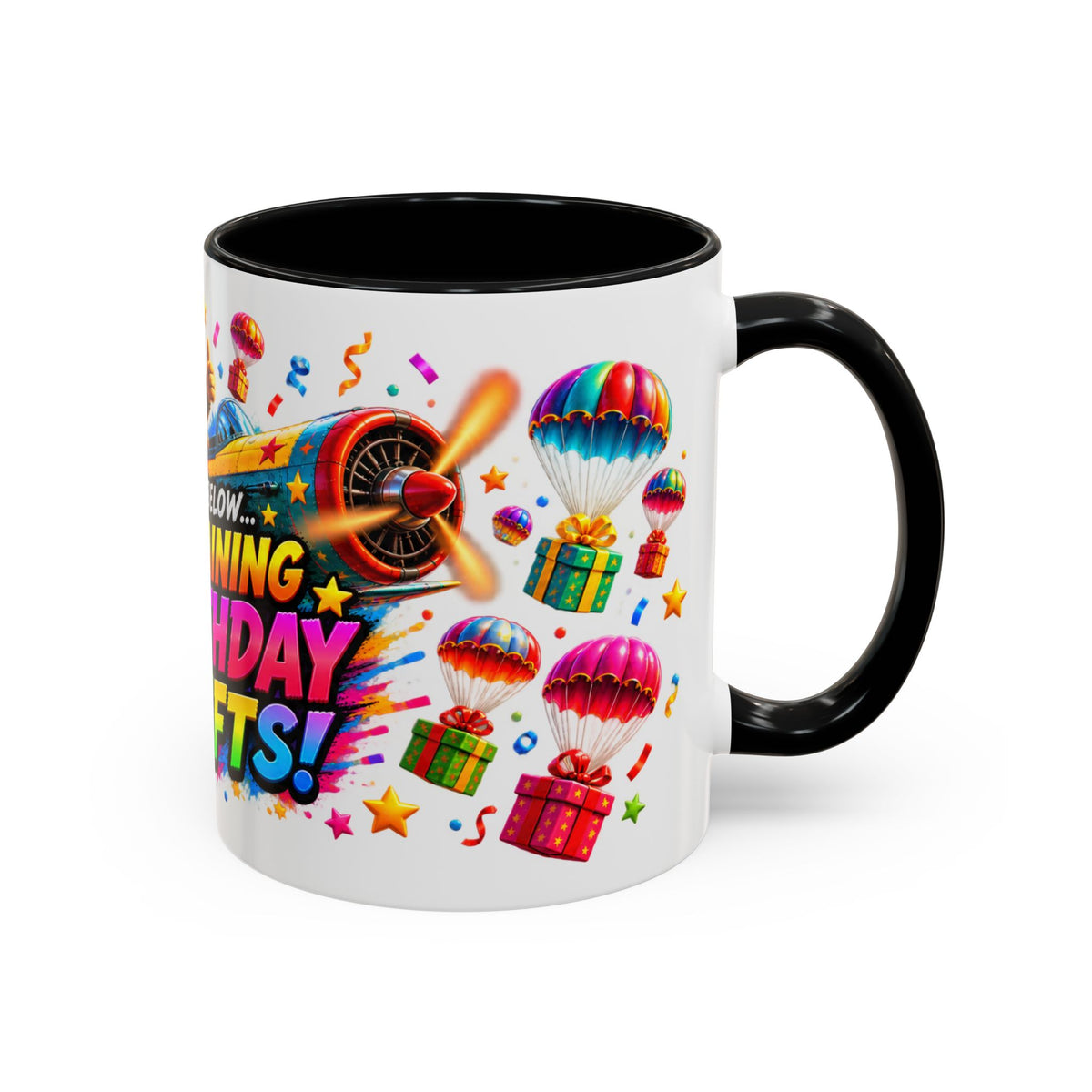 Birthday Gifts Coffee Mug — "It's Raining Birthday Gifts!" Colorful Accent Mug