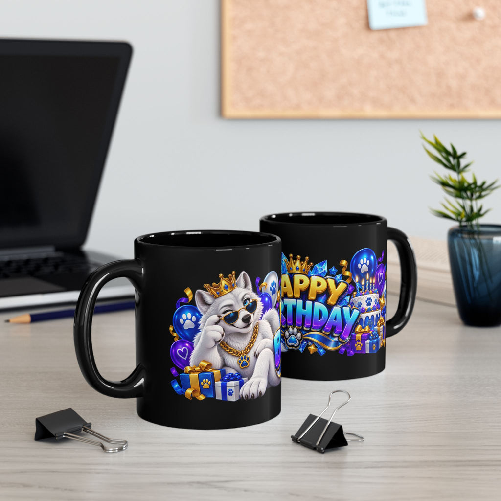 White Wolf Happy Birthday Mug – Blue Purple & Gold Birthday Design – FestoraShop Black Coffee Mug