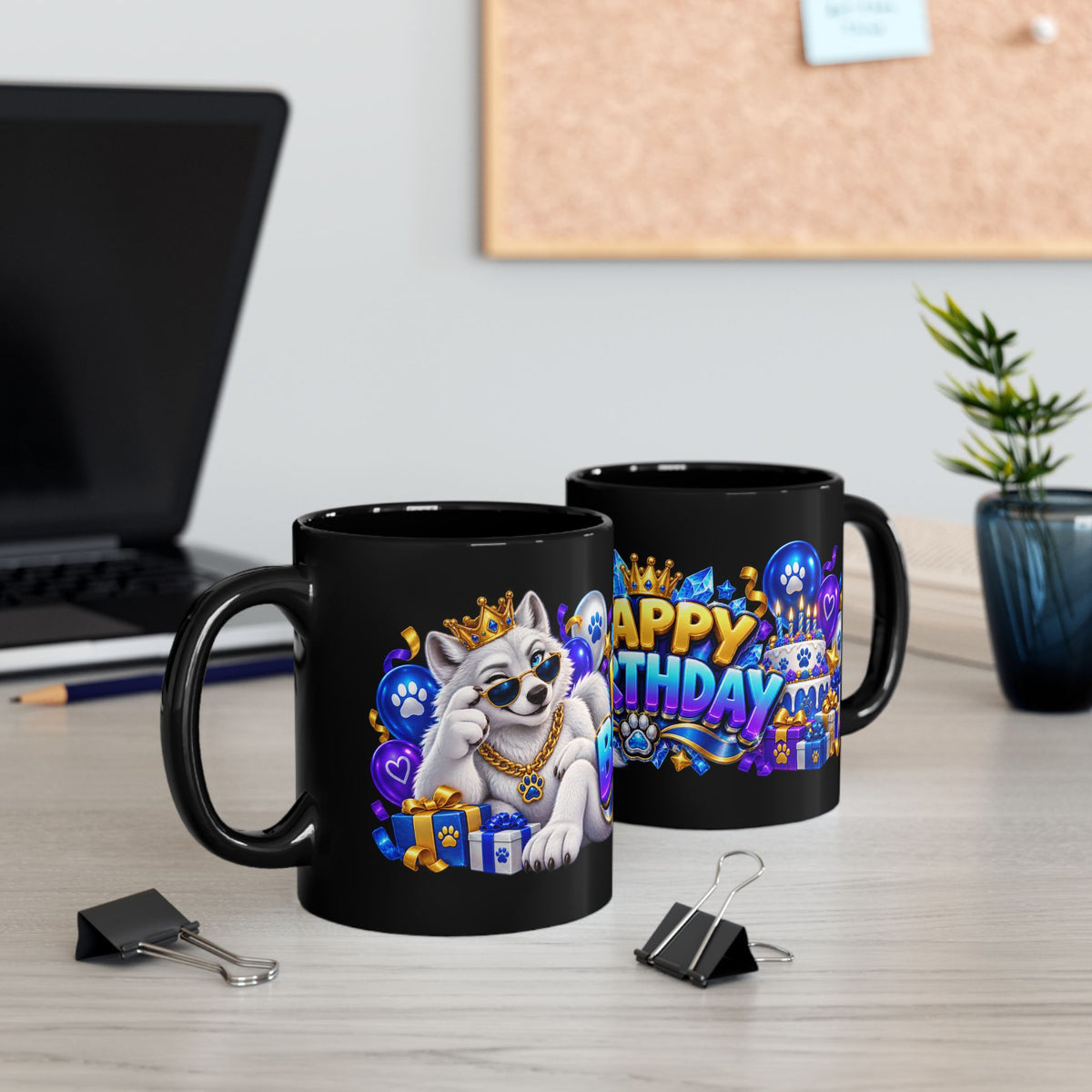 White Wolf Happy Birthday Mug – Blue Purple & Gold Birthday Design – FestoraShop Black Coffee Mug