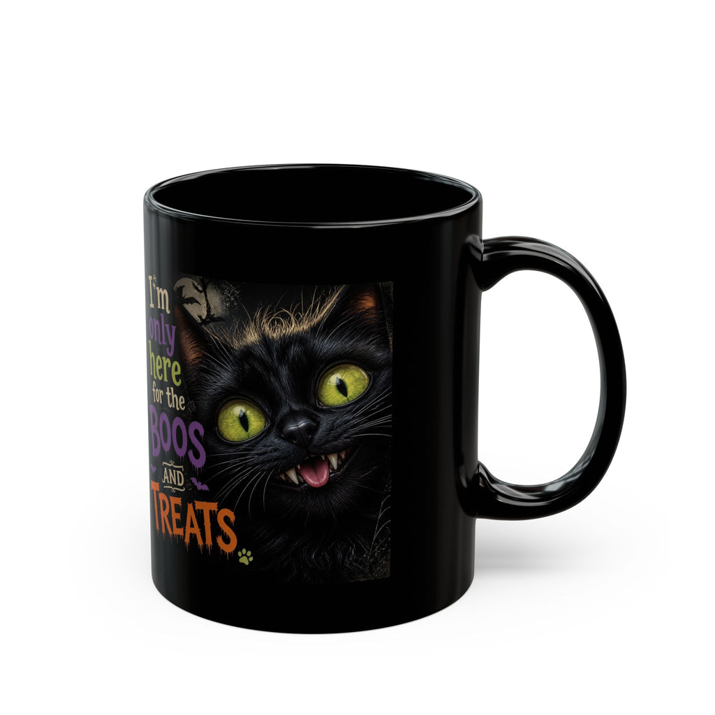 Halloween Cat Mug — "I'm Only Here for the Boos and Treats" Black Coffee Cup