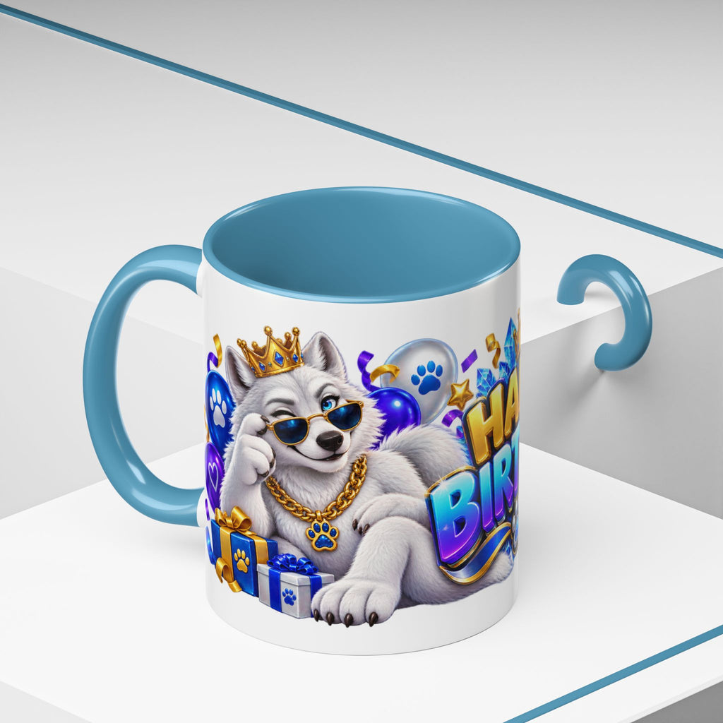White Wolf Happy Birthday Mug – Blue Purple & Gold Birthday Gift – FestoraShop White Coffee Mug
