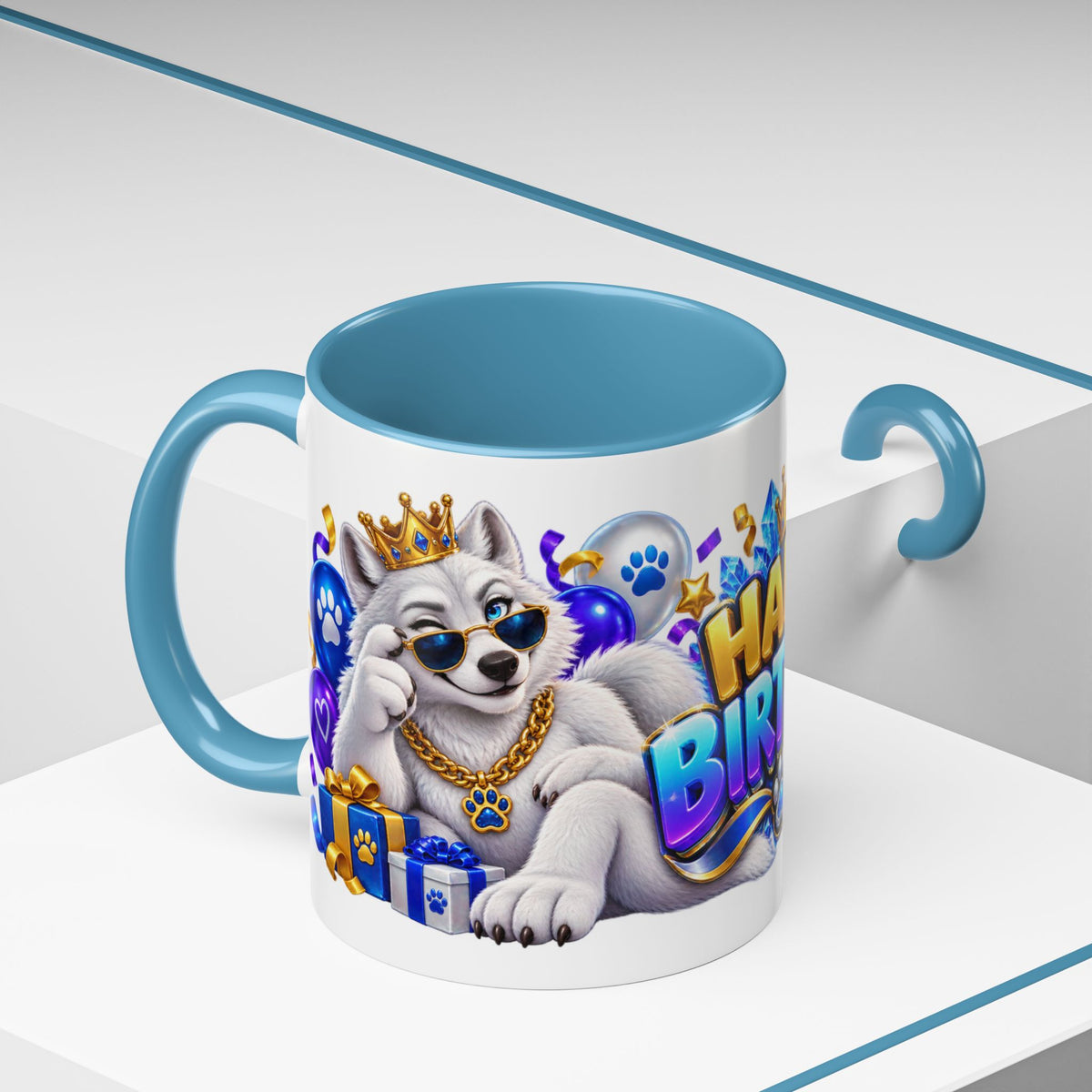 White Wolf Happy Birthday Mug – Blue Purple & Gold Birthday Gift – FestoraShop White Coffee Mug