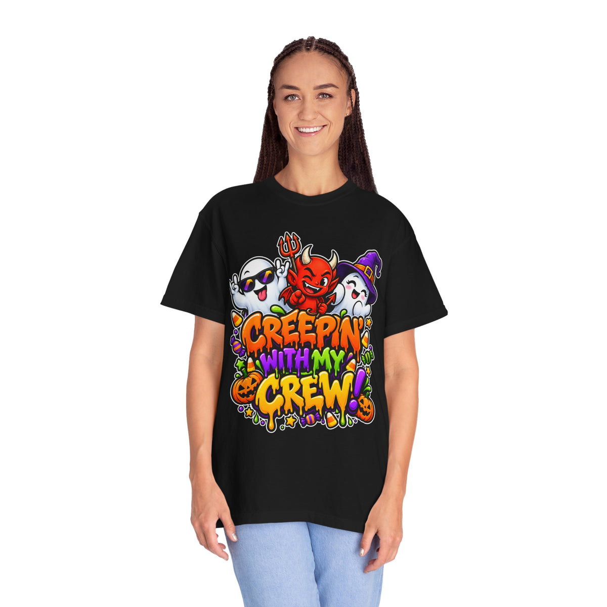 Creepin’ With My Crew Halloween T-Shirt – Colorful Funny Ghost & Devil Graphic Tee