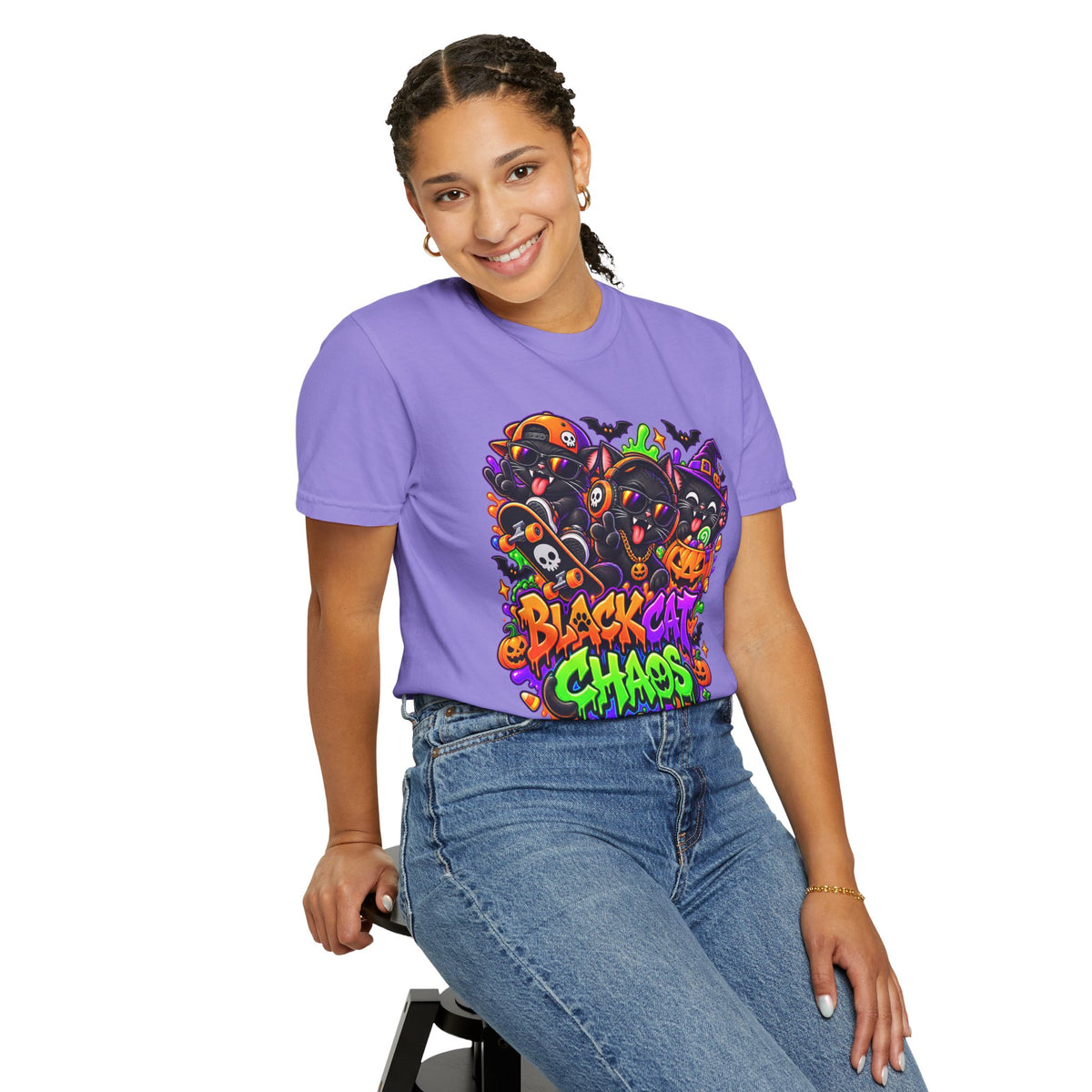 Neon Black Cat Halloween Chaos T-Shirt | Cute Spooky Cat Graphic Tee