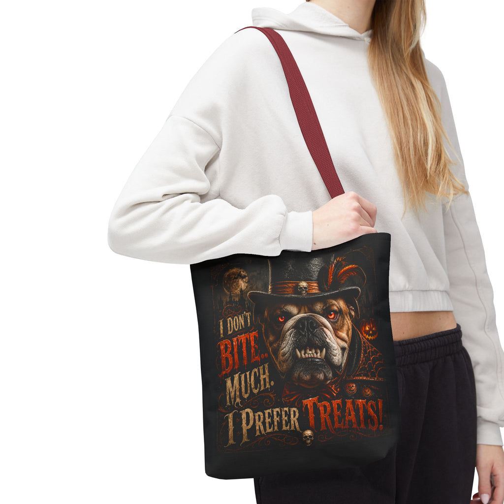 Halloween Bulldog Tote Bag — "I Don't Bite Much, I Prefer Treats" Candy‑Lovers Reusable Bag