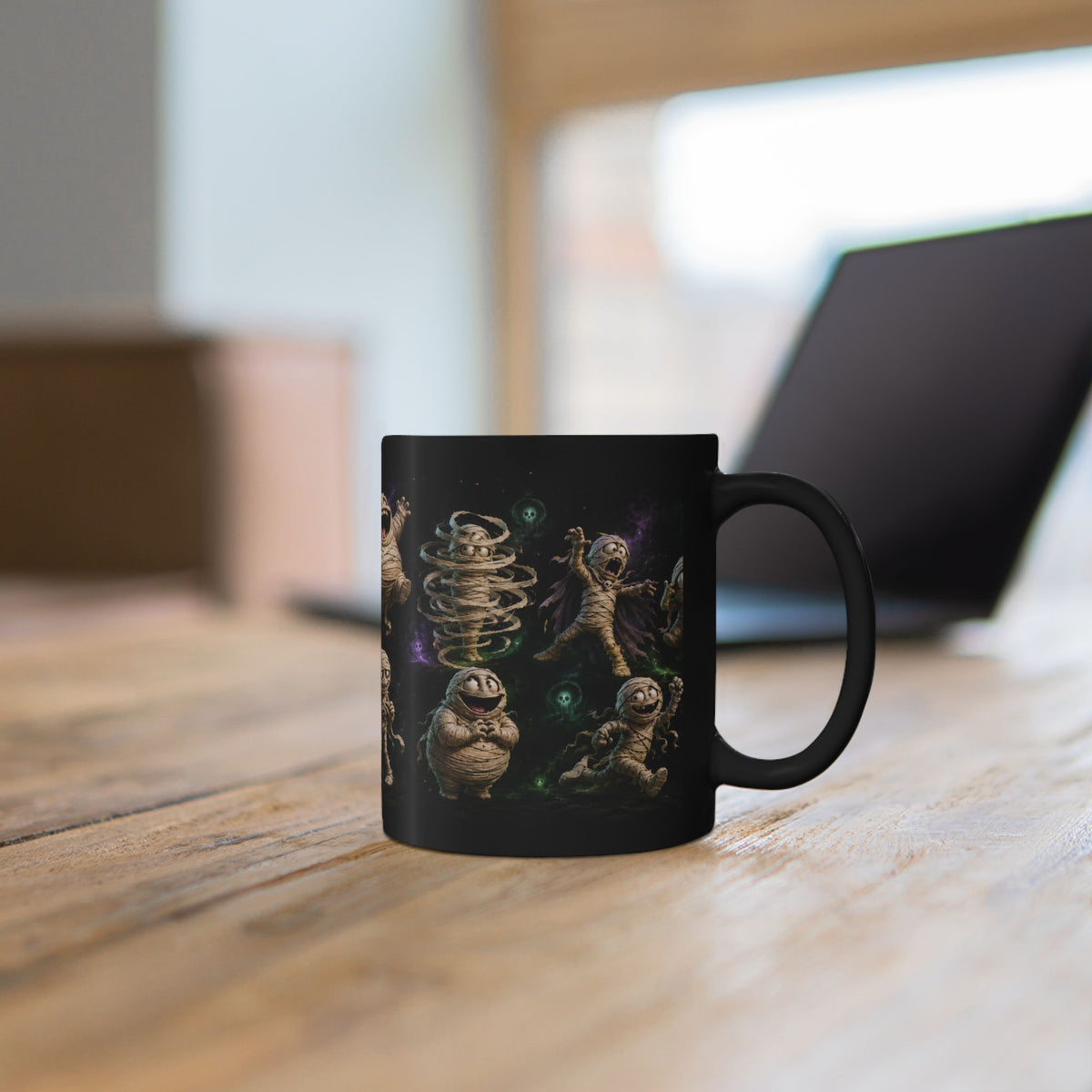 Funny Mummy Black Coffee Mug — Cute Spooky Halloween Character Pattern (11oz/15oz)