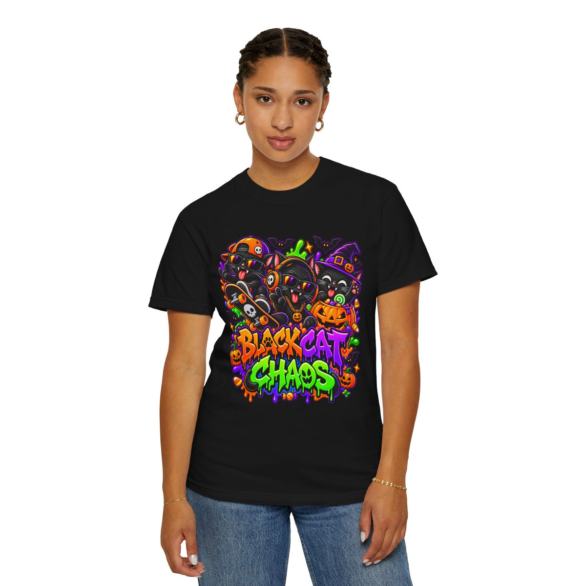 Neon Black Cat Halloween Chaos T-Shirt | Cute Spooky Cat Graphic Tee