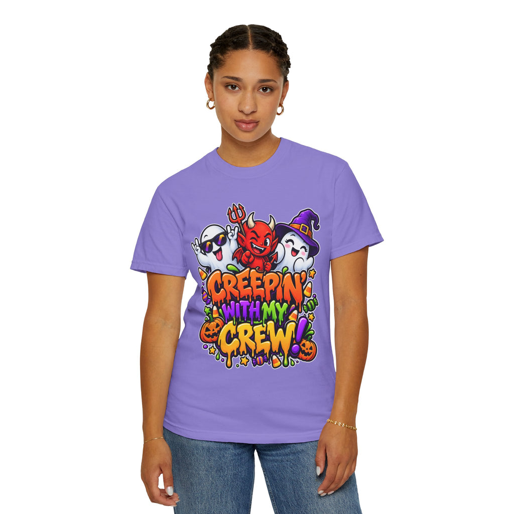 Creepin’ With My Crew Halloween T-Shirt – Colorful Funny Ghost & Devil Graphic Tee