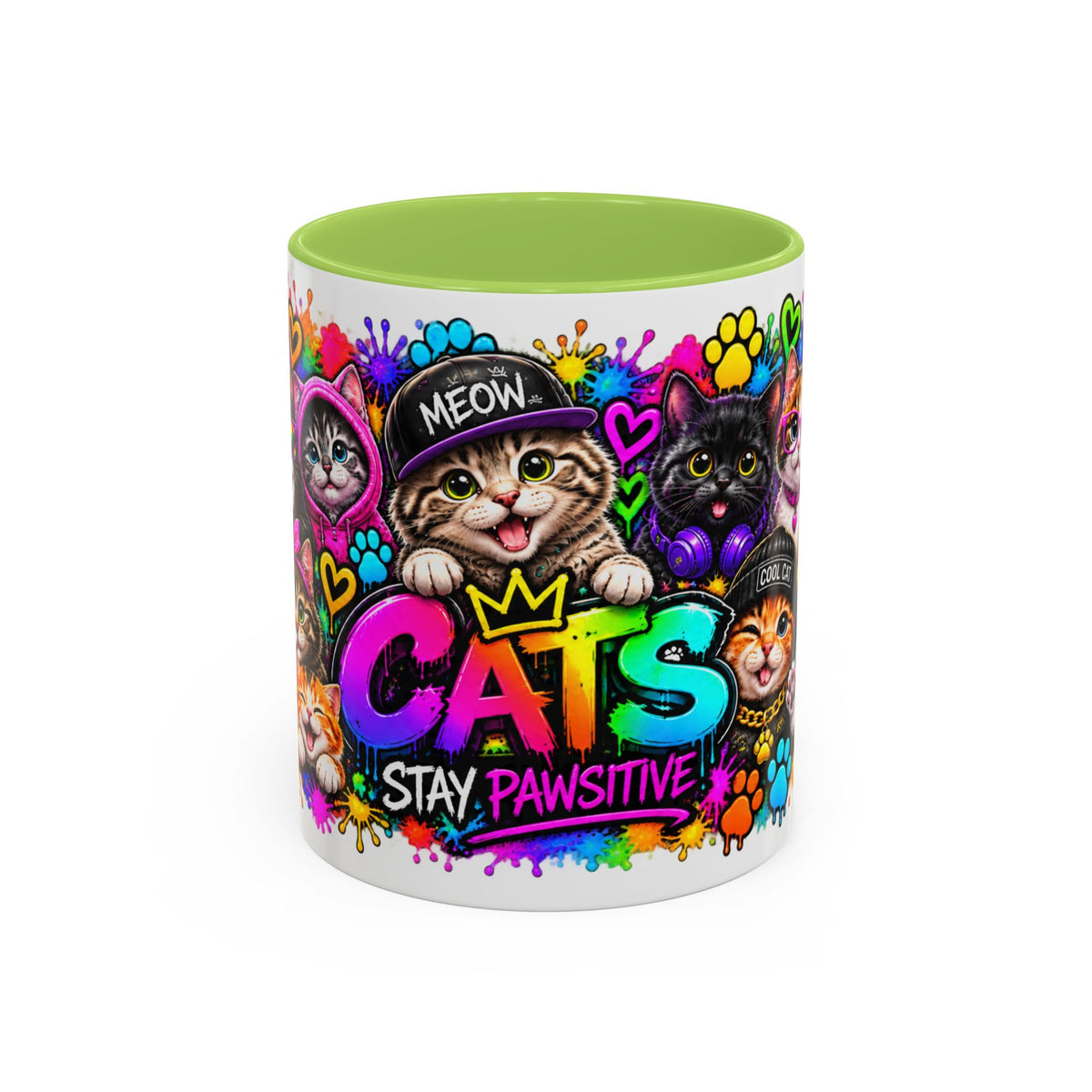 Cats Stay Pawsitive Accent Coffee Mug – Colorful Cute Cat Paw Print Design (11oz)
