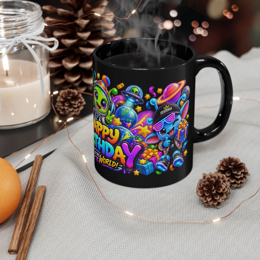 Happy Birthday Out Of This World Mug — Colorful Alien Birthday Coffee Cup