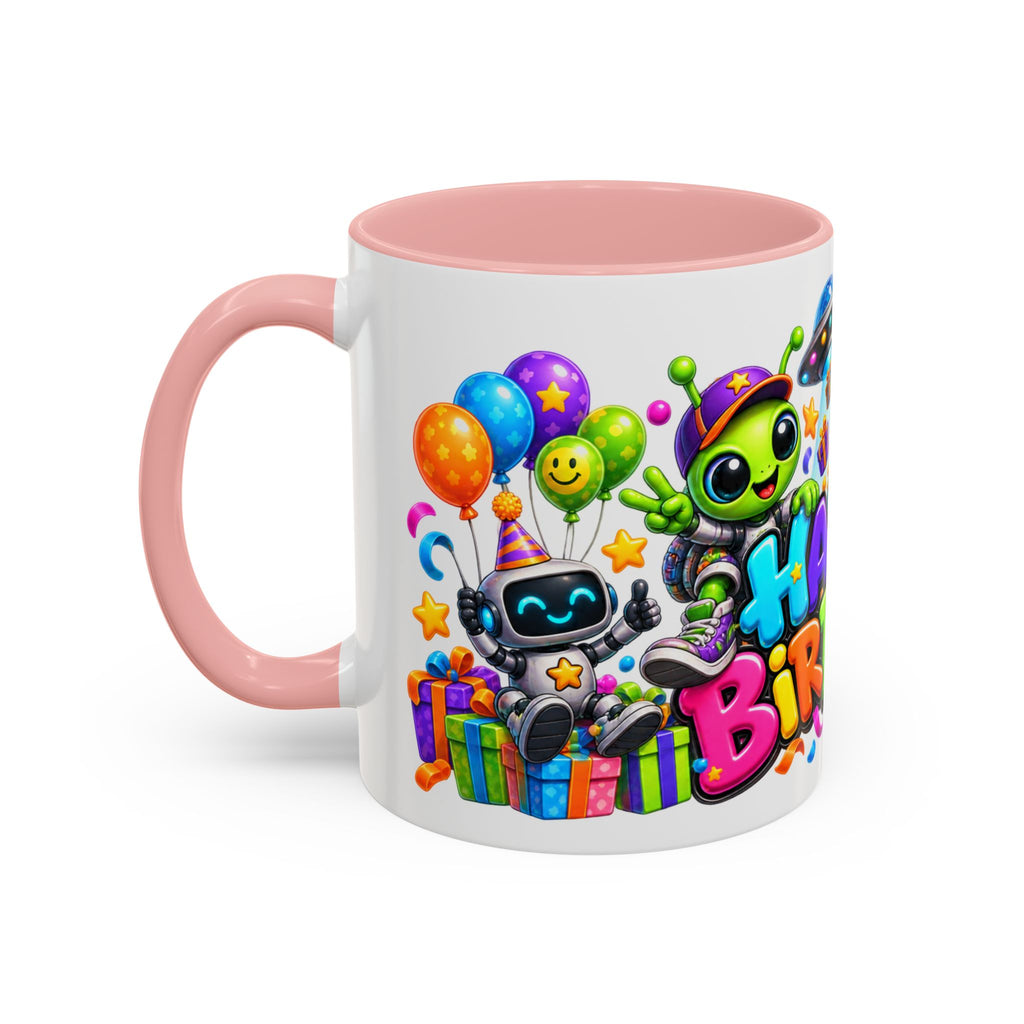 Happy Birthday Space Party Mug – Cute Aliens, Robots, UFO & Colorful 3D Birthday Design