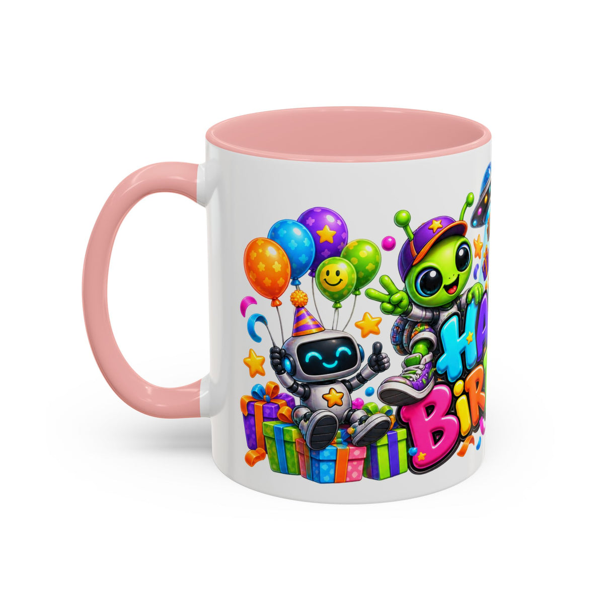 Happy Birthday Space Party Mug – Cute Aliens, Robots, UFO & Colorful 3D Birthday Design