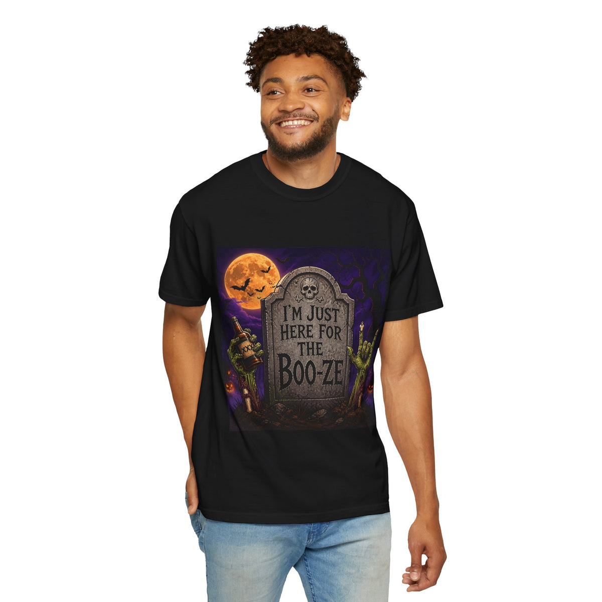 Halloween Tee — "I'm Just Here for the Boo-ze" Tombstone Design