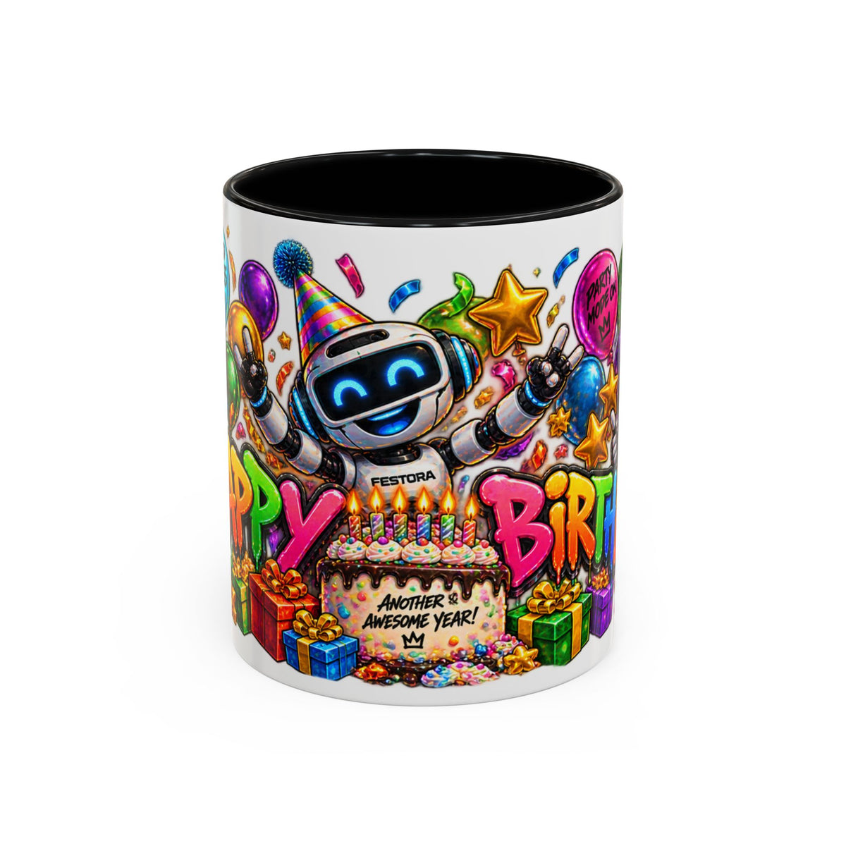 Birthday Robot Coffee Mug — Colorful Happy Birthday Accent Mug (11oz)