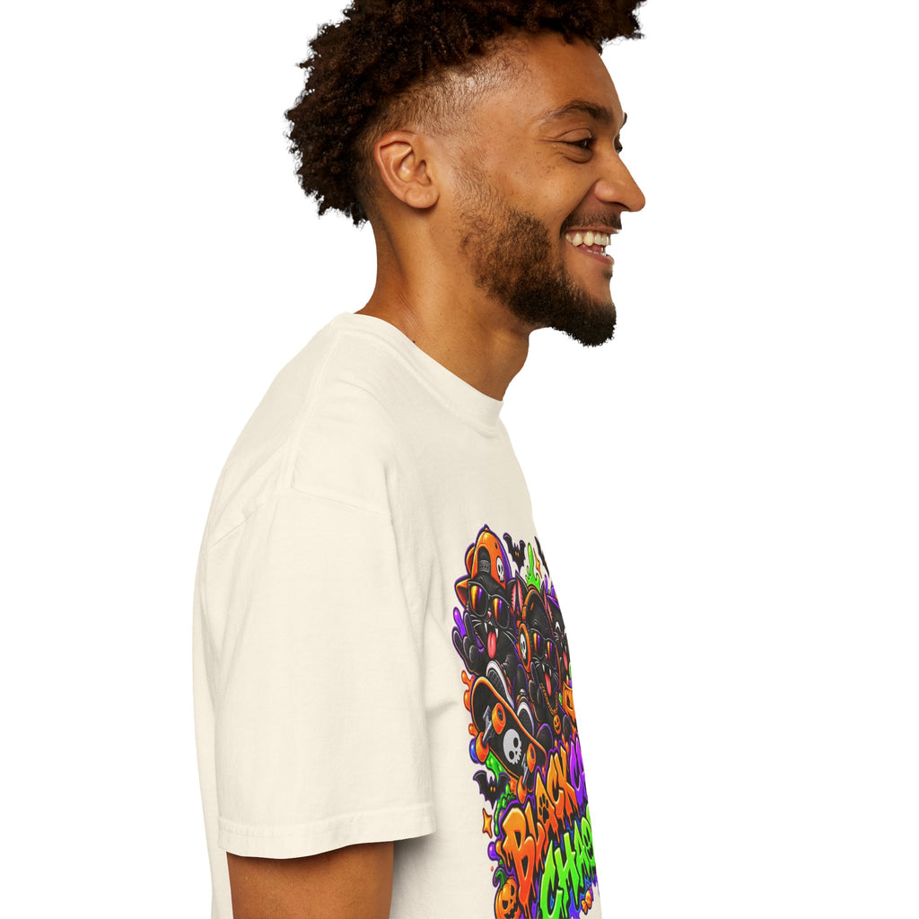 Neon Black Cat Halloween Chaos T-Shirt | Cute Spooky Cat Graphic Tee