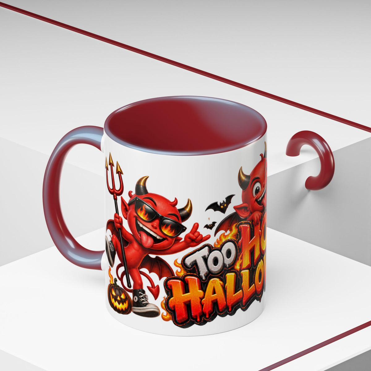 Too Hot for Halloween White Mug – Funny Devils, Flames & Spooky Design