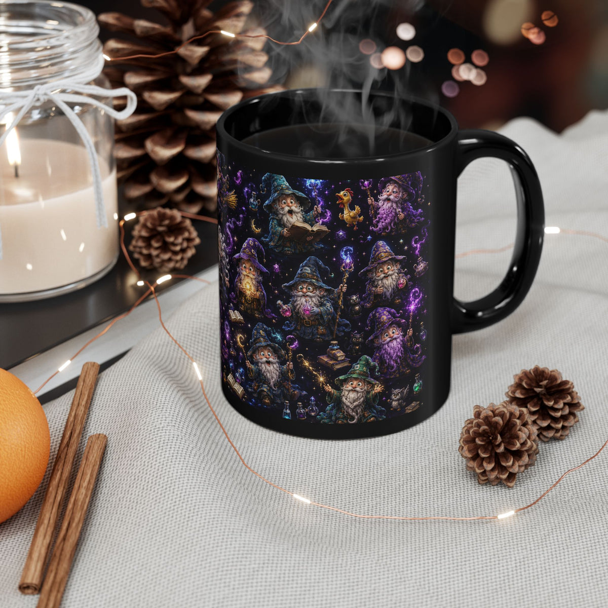 Magic Wizard Pattern Black Mug — Cute Wizardry Coffee Cup (11oz/15oz)