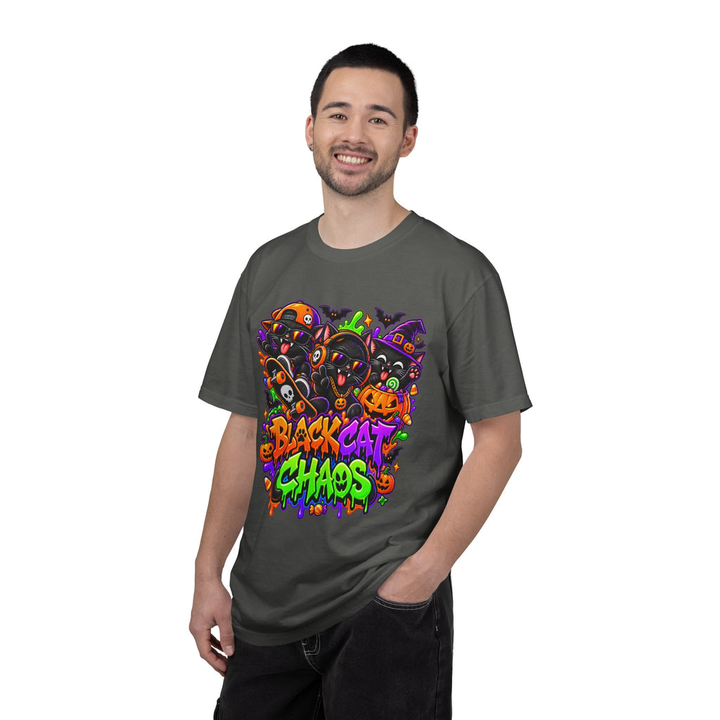 Neon Black Cat Halloween Chaos T-Shirt | Cute Spooky Cat Graphic Tee