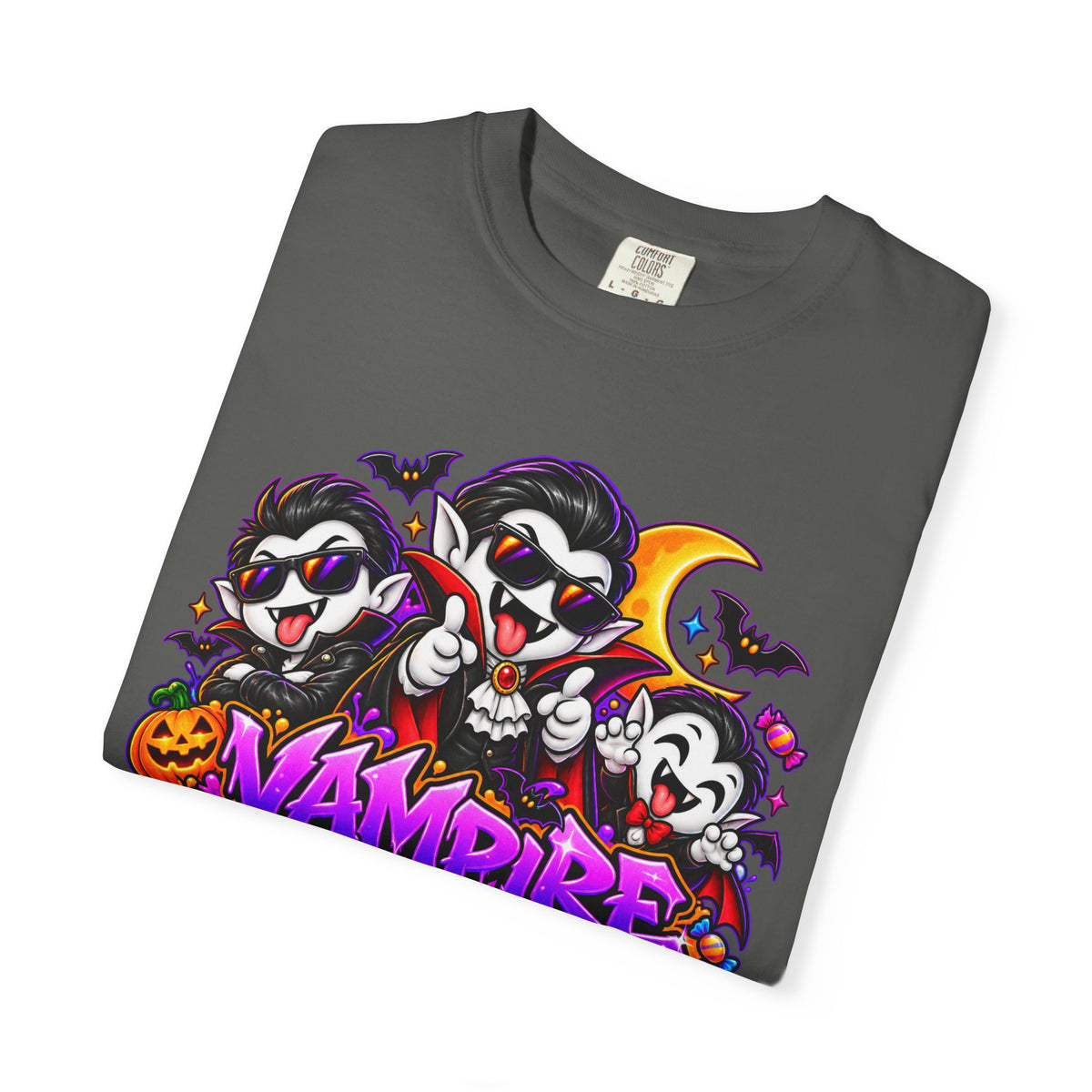 Neon Vampire Vibes Halloween Unisex Garment-Dyed T-Shirt Featuring a Cool Festora Vampire Crew