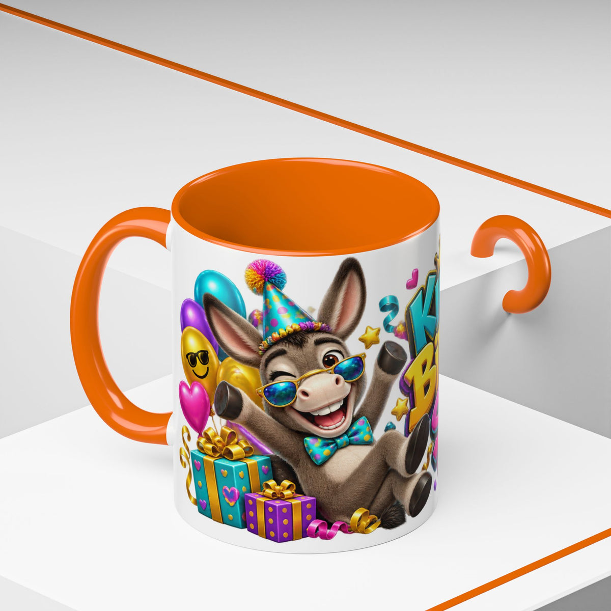 Kickin’ It Birthday Style Donkey White Mug – Funny Happy Birthday Party Cup, Cute Colorful Gift